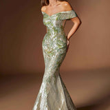 Ladivine CD0107 Metallic Jacquard Off Shoulder Fitted Mermaid Gown
