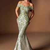 Ladivine CD0107 Metallic Jacquard Off Shoulder Fitted Mermaid Gown