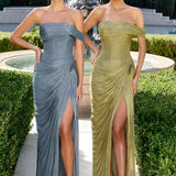 Ladivine CD416 Off Shoulder Pleated Luminescent Chiffon Fitted Gown