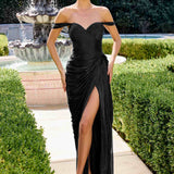 Ladivine CD417 Off Shoulder Pleated Luminescent Chiffon Fitted Gown