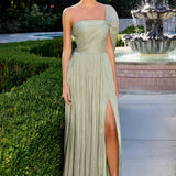 CLEARANCE - Ladivine CD418 One Shoulder A-Line Pleated Luminescent Chiffon Gown (Size 16)