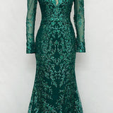 Ladivine CD989 Floor Length Glitter Print Dress with Long Sleeves