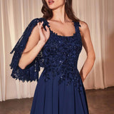Ladivine CDS503 Dress Chiffon A-Line Beaded Lace Bodice Removable Cape