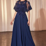 Ladivine CDS503 Dress Chiffon A-Line Beaded Lace Bodice Removable Cape