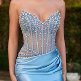 Ladivine CDS538 Dress Strapless Beaded Bodice & Satin Skirt Fitted Gown