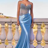 Ladivine CDS538 Dress Strapless Beaded Bodice & Satin Skirt Fitted Gown
