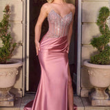 Ladivine CDS538 Dress Strapless Beaded Bodice & Satin Skirt Fitted Gown
