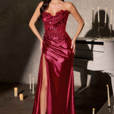 Ladivine CDS567 Strapless Sleek Satin Skirt Leg Slit Floral Beaded Gown
