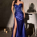Ladivine CDS567 Strapless Sleek Satin Skirt Leg Slit Floral Beaded Gown