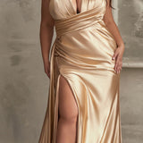 Ladivine CH079 Floor Length Fitted Halter Satin Gown Leg Slit Side Sash