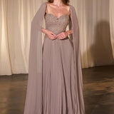 Ladivine CJ937 Pleated A-Line Gown With Cape Sleeves