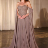 Ladivine CJ937 Pleated A-Line Gown With Cape Sleeves