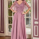 Ladivine CL10 Mother of the Bride V-Neckline Lace Bodice A-Line Gown