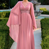 Ladivine CM8244 V-Neckline Cape Sleeves Flowing Chiffon Gown
