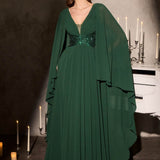 Ladivine CM8244 V-Neckline Cape Sleeves Flowing Chiffon Gown