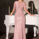 Ladivine CR887 Scoop Neck Flutter Sleeve Beaded Tulle Overlay Formal Gown