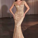 Ladivine CZ0029 Long Beaded Cap Sleeve Fitted Dress