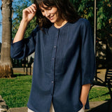 100% Linen Sculpted Accordion Pleat Crew Neck Shirt RANA