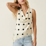 Cream Polka-Dot Satin Lace Trim Asymmetrical Sleeveless Top