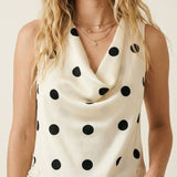 Cream Polka-Dot Satin Lace Trim Asymmetrical Sleeveless Top
