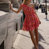 SUNFLOWER FIELDS ONE SHOULDER MINI DRESS