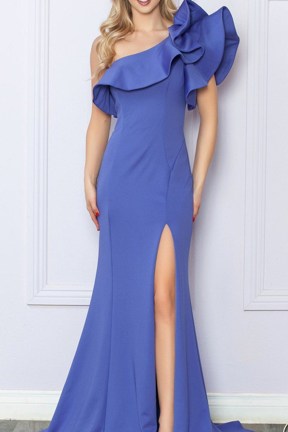 Nox Anabel E467 Long Sheath One Shoulder Ruffle Overlay Strap Gown