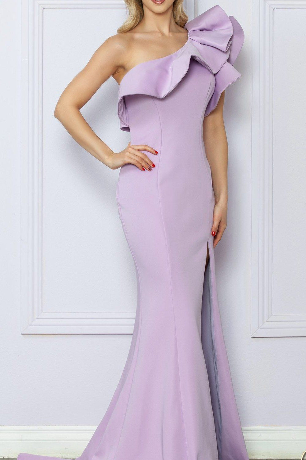 Nox Anabel E467 Long Sheath One Shoulder Ruffle Overlay Strap Gown
