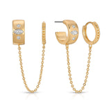 Double Piercing Bezel Crystal Dangle Earrings