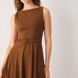 AMBER TOBACCO FAUX SUEDE MIDI DRESS