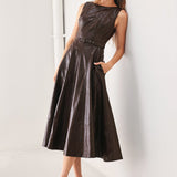 DARK TRUFFLE FAUX LEATHER MIDI DRESS