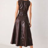 DARK TRUFFLE FAUX LEATHER MIDI DRESS