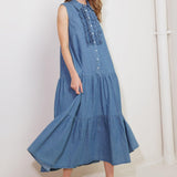 PETALS FALLING SLOWLY DENIM MIDI DRESS