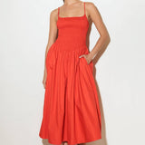 MOVE WITH INTENTION RED WOVEN MIDI DRESS