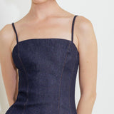 QUIET CURVE DARK DENIM MIDI DRESS