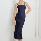 QUIET CURVE DARK DENIM MIDI DRESS