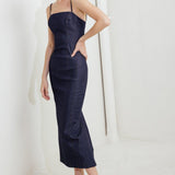QUIET CURVE DARK DENIM MIDI DRESS
