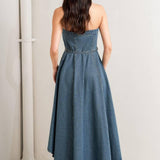 MIDNIGHT VOLUME DENIM MIDI DRESS