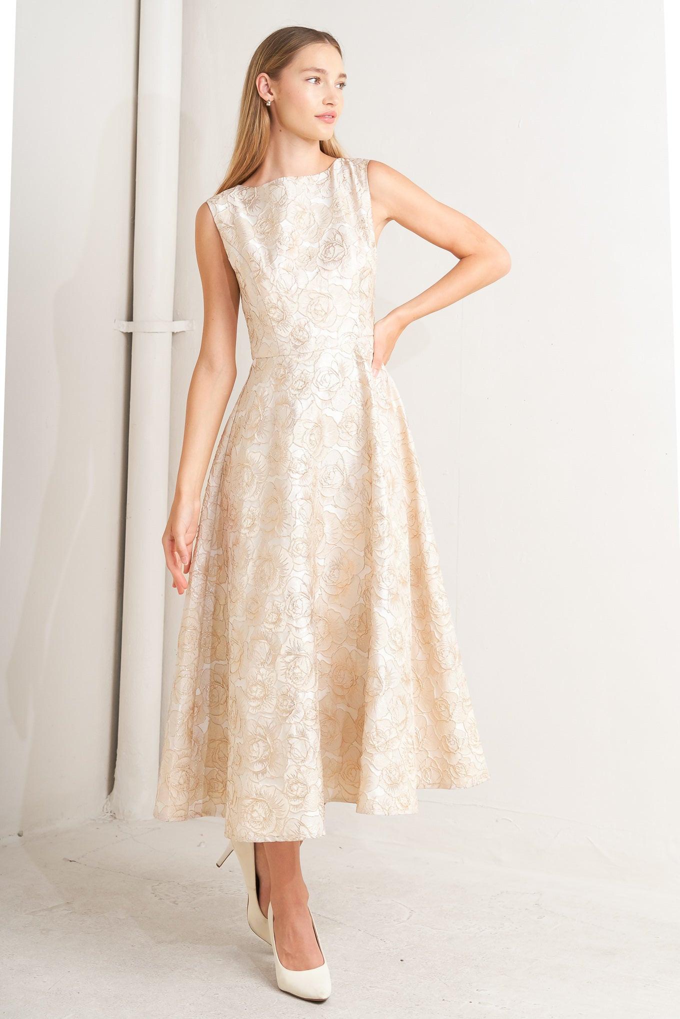 Flying Tomato Gilded Rose Woven Midi Dress in champagne