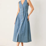 SWEETHEART V-NECK DENIM MIDI DRESS