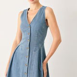 SWEETHEART V-NECK DENIM MIDI DRESS