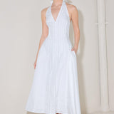 POWDER SKY HALTER WOVEN MIDI DRESS