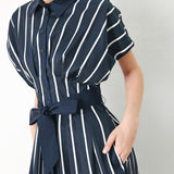 PINSTRIPE STORY WOVEN MIDI DRESS