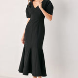 SOIRÉE PUFF WOVEN MIDI DRESS