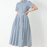 COASTAL MUSE STRIP WOVEN MIDI SHIRT DRESS