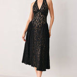 MIDNIGHT GARDEN HALTER WOVEN LACE MIDI DRESS