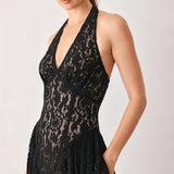 MIDNIGHT GARDEN HALTER WOVEN LACE MIDI DRESS