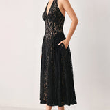 MIDNIGHT GARDEN HALTER WOVEN LACE MIDI DRESS