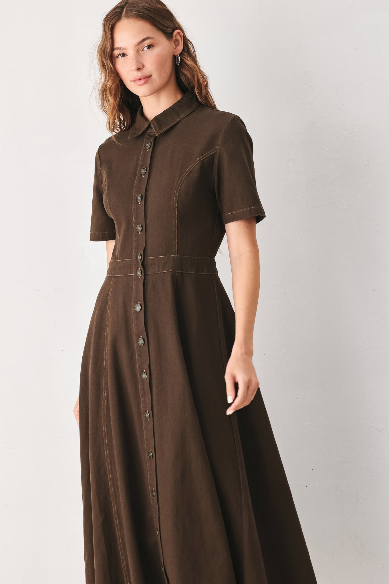 BARK BROWN VINTAGE WOVEN MIDI DRESS
