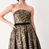 WILDLY GOLDEN LEOPARD STRAPLESS MIDI DRESS