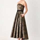 WILDLY GOLDEN LEOPARD STRAPLESS MIDI DRESS